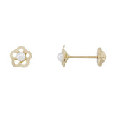 Pendiente Oro Amarillo Flor con Perla 5 Pétalos